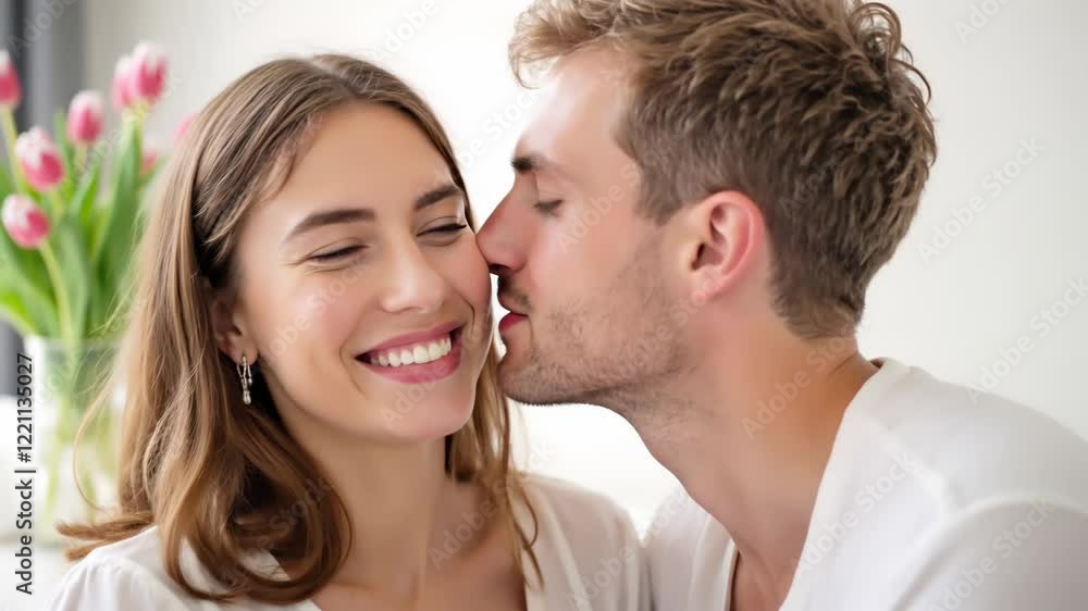 Boyfriend kissing his girlfriend in cheek and they smile together. Close-up of a happy young european couple with pink tulips in background. Celebrating Valentine's Day, Women's Day, Birthday, Love Boyfriend kissing his girlfriend in cheek and they smile together. Close-up of a happy young european couple with pink tulips in background. Celebrating Valentine's Day, Women's Day, Birthday, Love