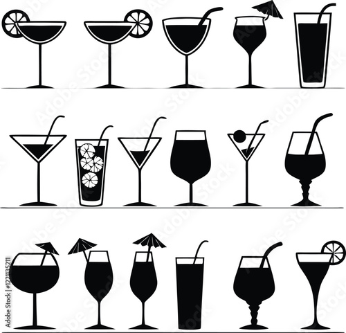 A collection of black silhouette icons of various Alcohol and cocktails set