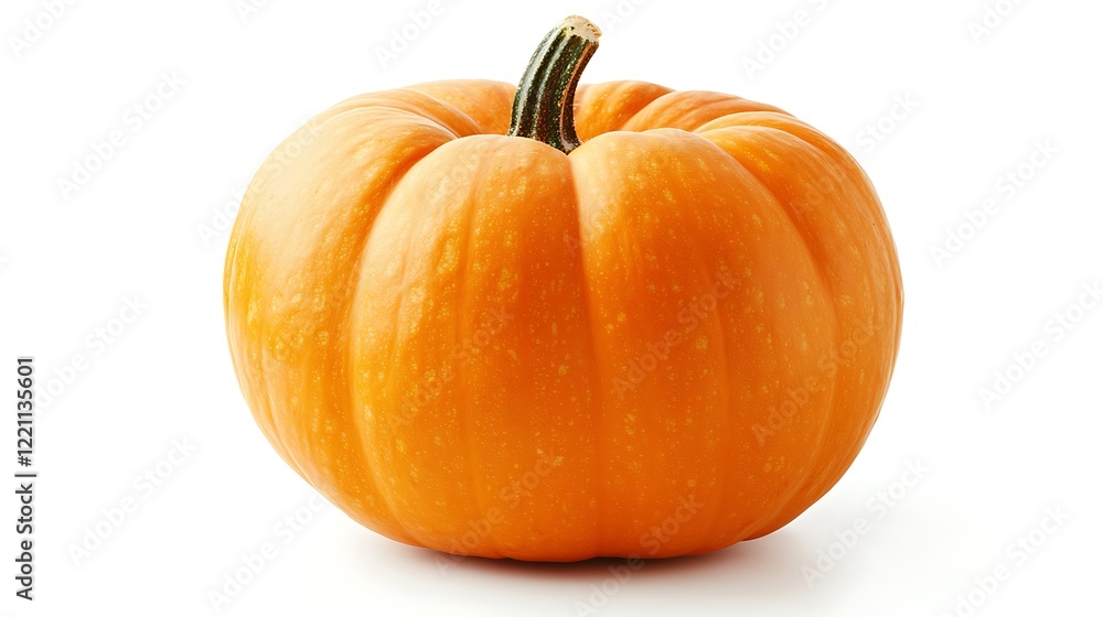 Obraz premium Close-up image of a vitamin-rich pumpkin representing raw produce cultivated through organic farming, isolated on a pure white background with visible greenery and edible plants, reflecting 