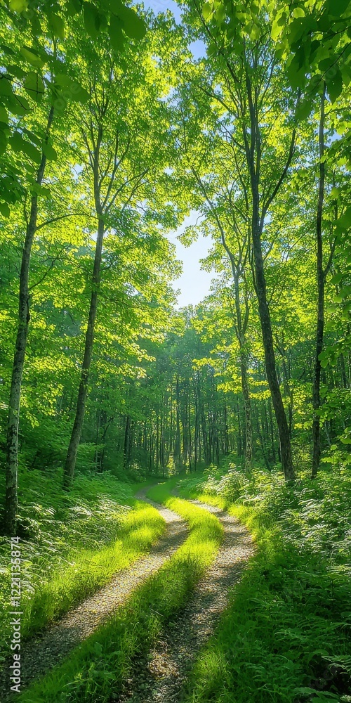 Fototapeta premium Nature walk through sunlit forest pathway tranquil outdoor scene captured from low angle perspective