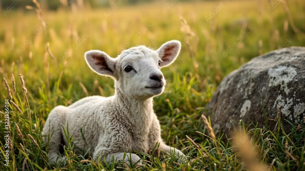 Close-up of little lamb looking at camera sitting in a field of tall grass near large rock. Symbol of Jesus Christ Close-up of little lamb looking at camera sitting in a field of tall grass near large rock. Symbol of Jesus Christ