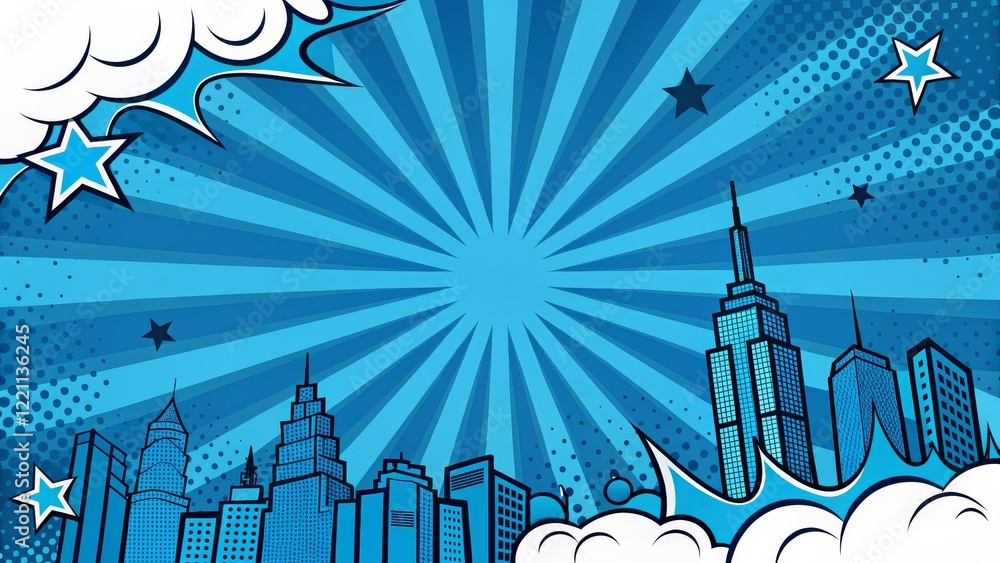 Obraz premium Blue Cityscape Pop Art Composition Radiating Lines, Comic Book Style, Urban Skyline, New York City Pop Art, Comic Book Background