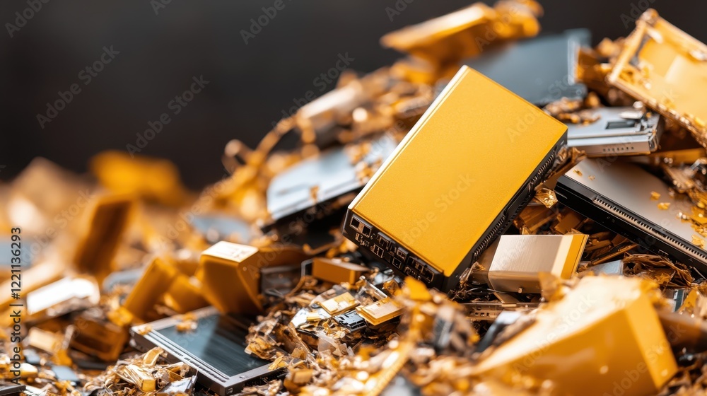 An artistic close-up view of electronic waste, showcasing intricate details of discarded devices and their components forming a chaotic yet mesmerizing abstract scene. An artistic close-up view of electronic waste, showcasing intricate details of discarded devices and their components forming a chaotic yet mesmerizing abstract scene.