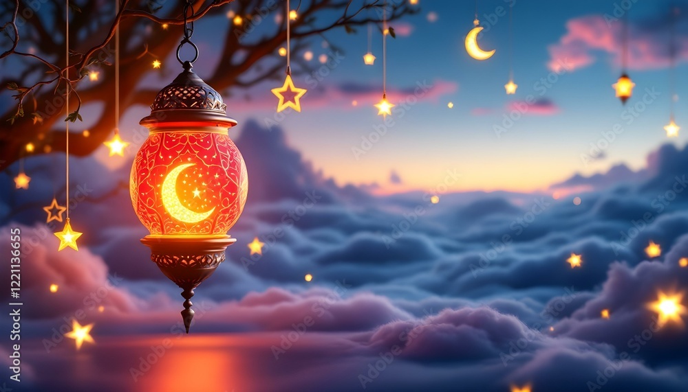Obraz premium 3D rendering of a Ramadan lantern decoration with a glowing red light, golden crescent moon, hanging stars, dark blue sky, and soft illuminated clouds, creating a serene and festive atmosphere.