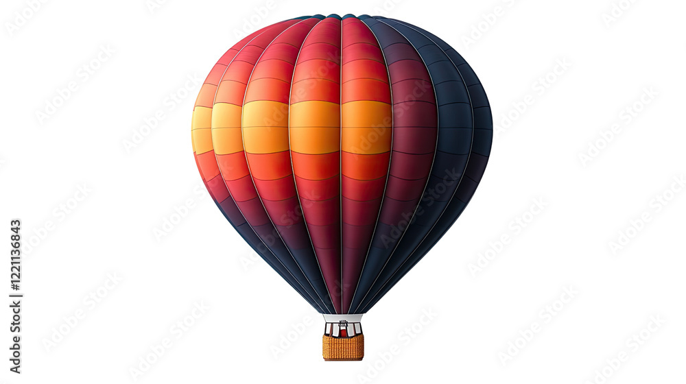 Obraz premium Hot Air Balloon Adventure: A vibrant hot air balloon, painted in rich hues of red, orange, and dark blue, floats gracefully against a clear sky, ready for an exciting adventure. 