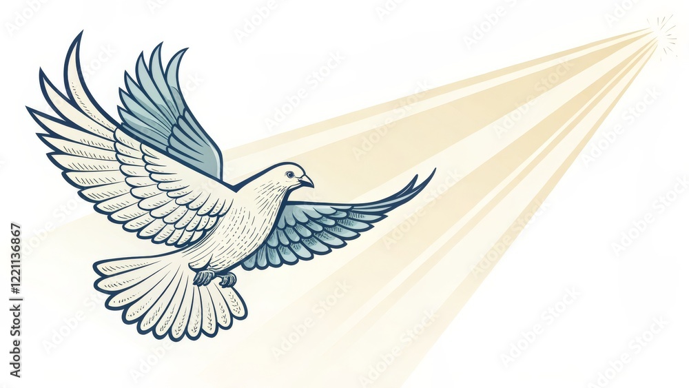 Obraz premium Dove in Flight Engraving Style, Heavenly Light, Peace Symbol, Vector Art. Dove, Peace
