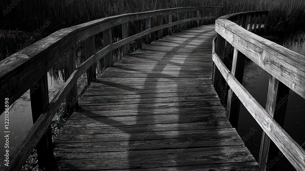 Obraz premium Wooden Boardwalk Curves Over Water Through Reeds