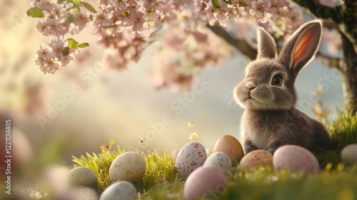 A festive Easter scene with a rabbit and Easter eggs resting beside a blooming tree in a joyful setting