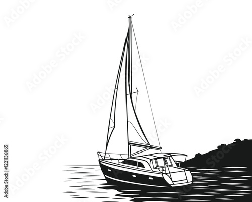 A vintage-style line drawing of a sailboat gracefully gliding on tranquil water.
