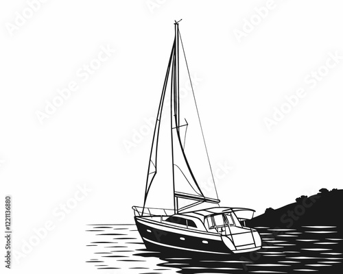 A vintage-style line drawing of a sailboat gracefully gliding on tranquil water.