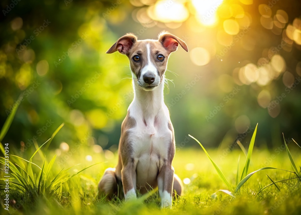 Whippet Puppy Sitting in Grass, Cute Dog, Bokeh Background, Pet Photography Whippet Puppy Sitting in Grass, Cute Dog, Bokeh Background, Pet Photography