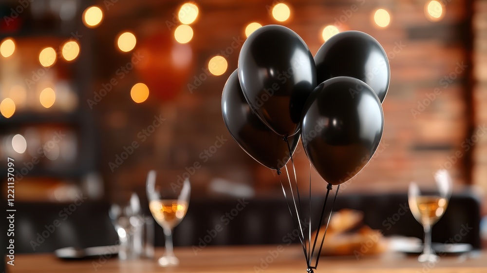 Naklejka premium This image features a cluster of black balloons artistically arranged on a wooden table, creating an elegant atmosphere suitable for celebration or partying.