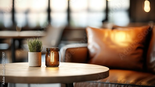 Luxury hotel interiors with exclusive lighting. Cozy cafe setting with a plant and candle on a wooden table.