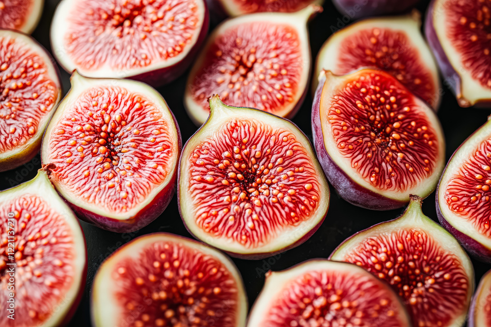 Close up of many red figs. The figs are sliced in half and arranged in a row