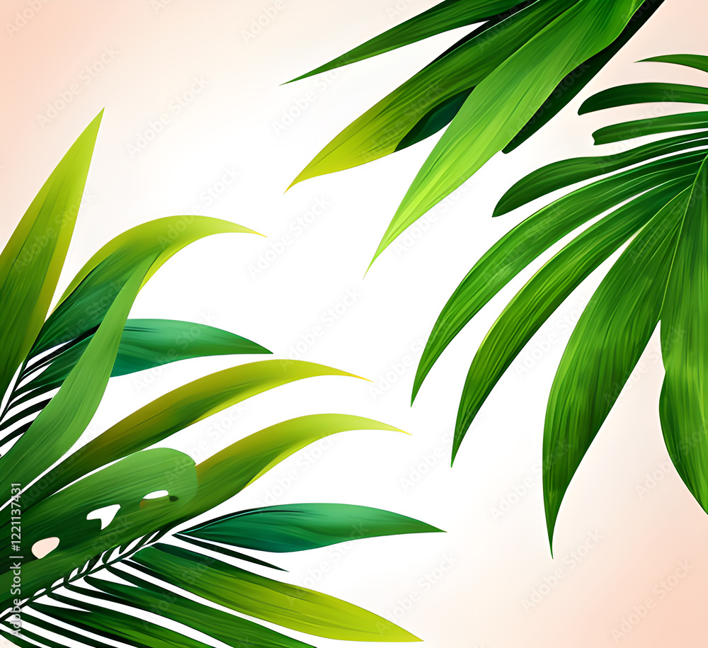 Obraz premium Tropical background. Palm leaves. No palm trees, shadow cast on white wall. Generative AI.