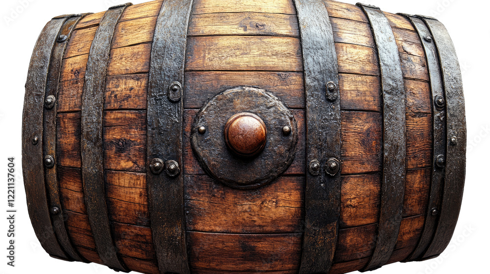 Aged Oak Barrel: A rustic wooden barrel, its surface weathered and aged with time, showcases the intricate craftsmanship and enduring quality of traditional barrel making. Aged Oak Barrel: A rustic wooden barrel, its surface weathered and aged with time, showcases the intricate craftsmanship and enduring quality of traditional barrel making.