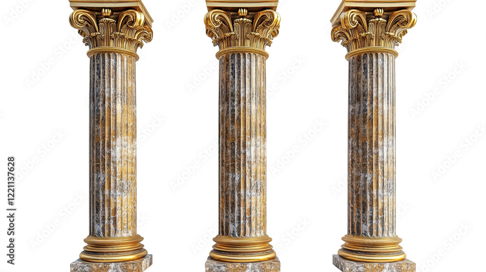 Naklejka premium Golden Pillars of Strength: Three majestic, intricately carved, golden pillars stand tall and proud, embodying resilience, authority, and timeless beauty.