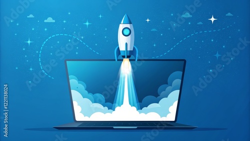 Laptop Rocket Launch Blue Space Background, Startup Concept, Vector Illustration, Digital, Online Startups, Business