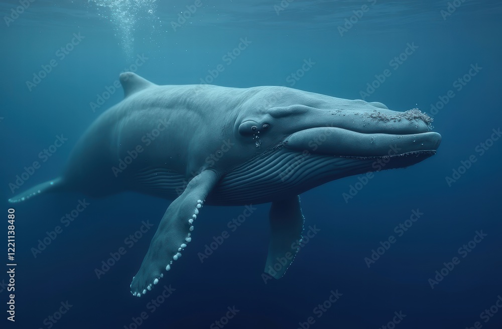 Naklejka premium Blue whale swimming peacefully in clear ocean water