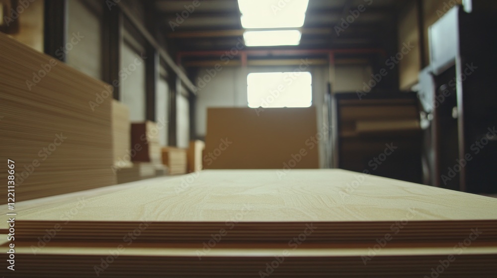 Fototapeta premium Plywood sheets stacked in a warehouse setting