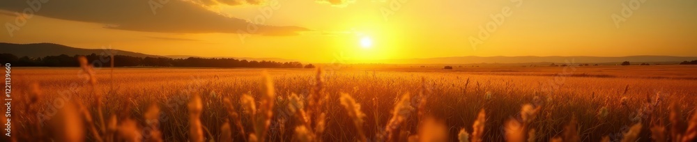 Fototapeta premium Golden hour light bathes a vast field, long shadows stretch , orange, meadow, rays