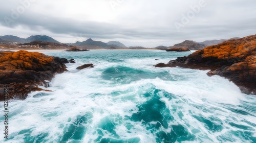 Serene Coastline with Turquoise Waves Lapping Against Rocky Shore