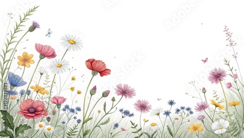 Watercolor Wildflower Border Floral Illustration, Botanical Composition, Spring Meadow, Floral Design, Nature Art. Wildflower, Botanical