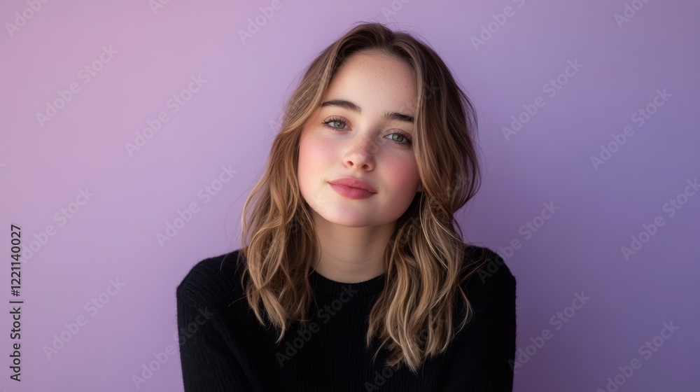 Young Woman With Brown Hair Against Purple Background Young Woman With Brown Hair Against Purple Background