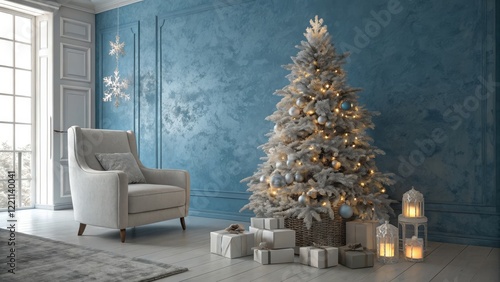 Winter Wonderland Christmas Scene Blue Wall, Silver Tree, Gift Composition, Cozy Interior, Festive Decor Christmas Decor, Winter Interior photo