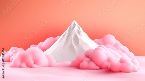 Abstract Mountain Surrounded by Soft Pink Clouds on Gradient Background