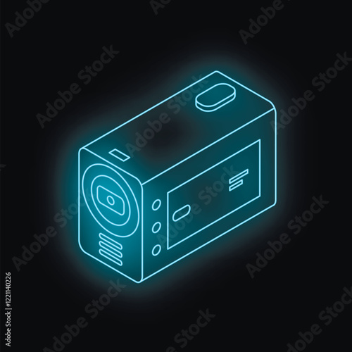 Glowing blue action camera isolated on a black background, perfect for representing adventure filming or modern technology