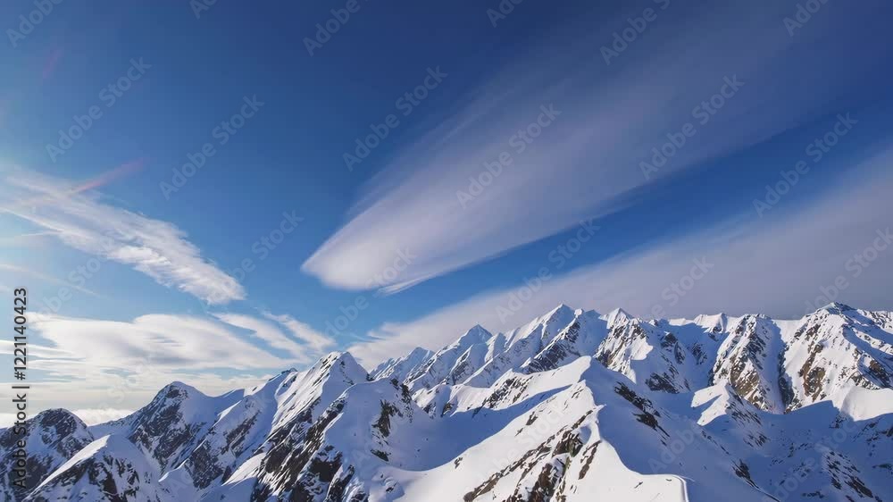 Snow-covered mountains under a clear blue sky with soft clouds Snow-covered mountains under a clear blue sky with soft clouds