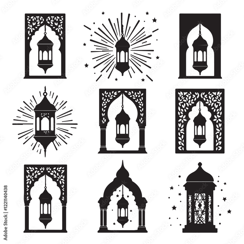 Fototapeta premium Lantern black and white silhouette illustration Islamic lantern light vector silhouette, Ramadan Islamic lanterns vector illustration Lantern Icon, Black and White, Traditional Lighting Design Islamic