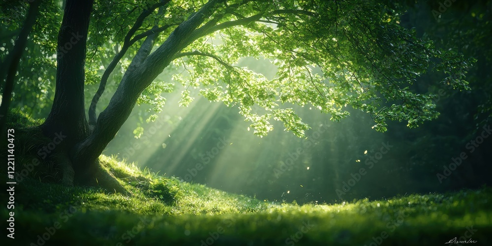 Obraz premium Sunlight filtering through lush green trees in a serene nature retreat captured in a wide angle view
