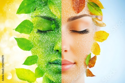The Four Seasons of Beauty: A Woman's Face Adorned with Leaves Representing Spring, Summer, Autumn, and Winter