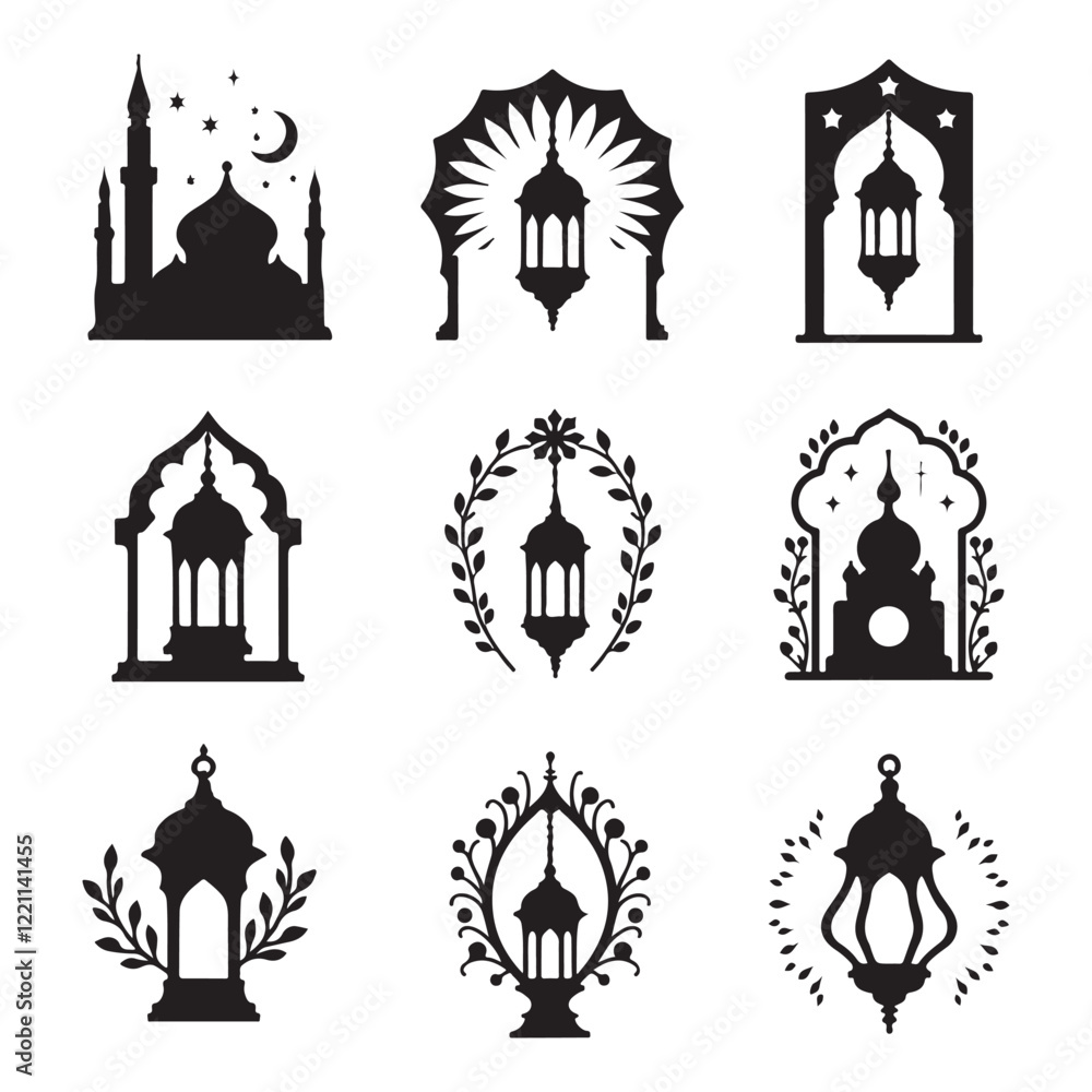 Fototapeta premium Lantern black and white silhouette illustration Islamic lantern light vector silhouette, Ramadan Islamic lanterns vector illustration Lantern Icon, Black and White, Traditional Lighting Design Islamic