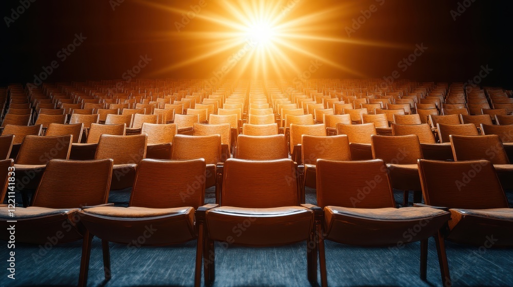 Naklejka premium An expansive view of elegantly arranged theater chairs beneath a stunning burst of light, creating a captivating ambiance that invites the audience for a mesmerizing experience.