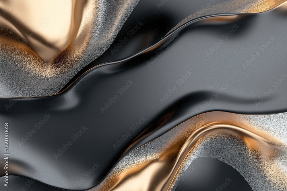 Fototapeta premium Softly glowing patterns of gold and silver flow seamlessly across a dark gradient background, creating an elegant, futuristic composition suitable for text overlay or branding