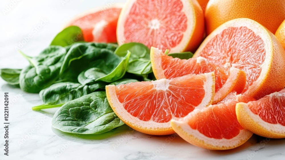 Bright slices of grapefruit accompanied by fresh spinach leaves create an eye-catching and healthy display, perfect for salads or refreshing dishes that promote wellness. Bright slices of grapefruit accompanied by fresh spinach leaves create an eye-catching and healthy display, perfect for salads or refreshing dishes that promote wellness.