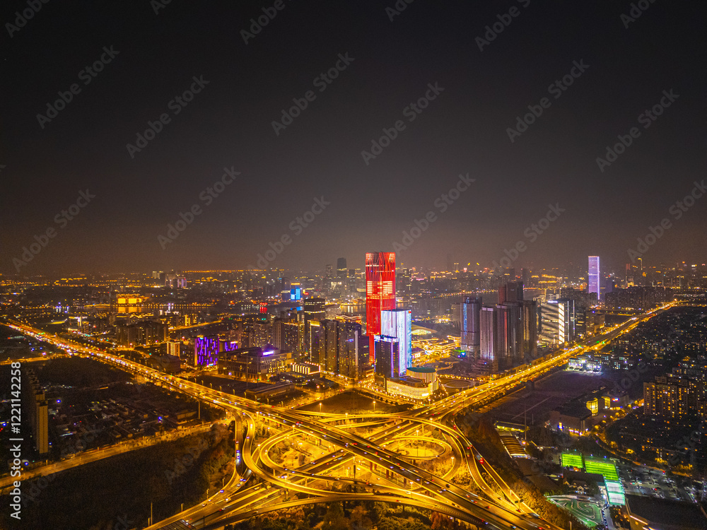 Fototapeta premium Aerial view of overpass in Shanghai financial district at night