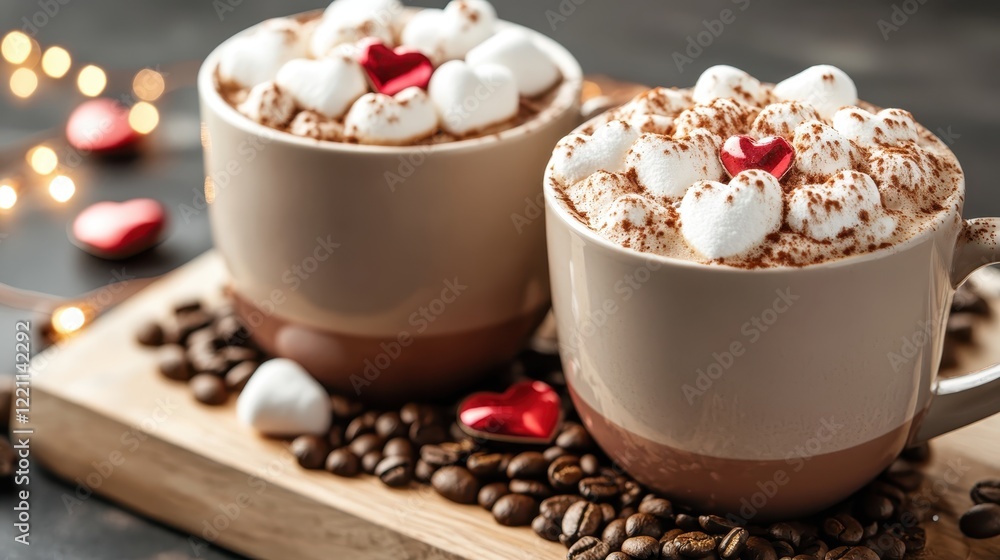This cozy image showcases two mugs filled with rich hot chocolate topped with fluffy marshmallows and decorative hearts, creating a warm and inviting atmosphere perfect for indulgence. This cozy image showcases two mugs filled with rich hot chocolate topped with fluffy marshmallows and decorative hearts, creating a warm and inviting atmosphere perfect for indulgence.