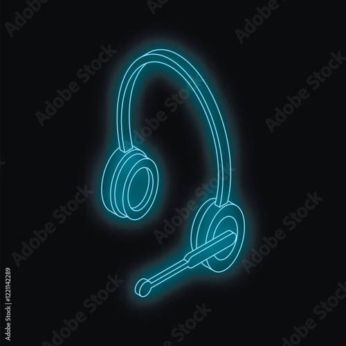 Neon blue headset glowing on a dark background, symbolizing online communication, customer support, and virtual assistance
