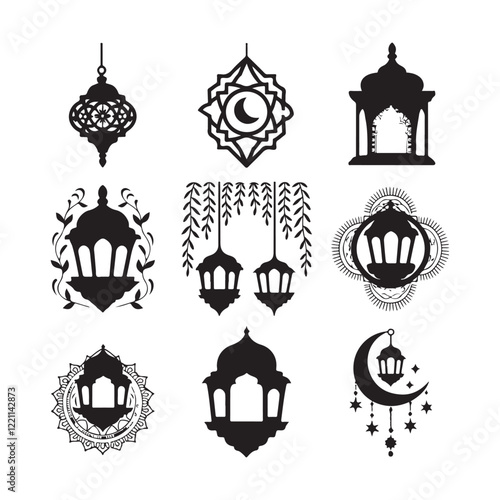 Islamic lantern light vector silhouette, Ramadan Islamic lanterns vector illustration Lantern Icon, Black and White, Traditional Lighting Design Islamic lantern element set for ramadan in silhouettes.