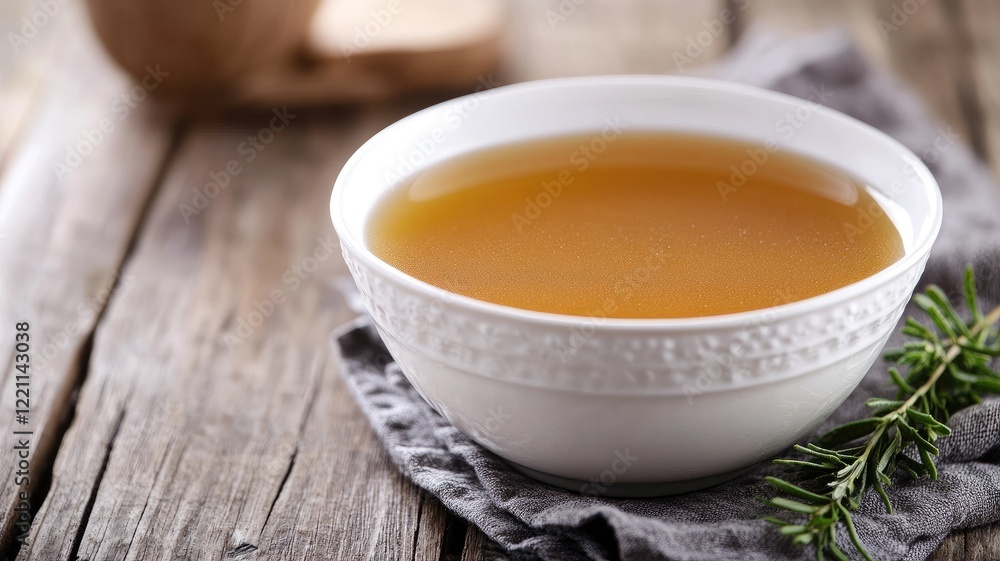 Bowl of clear broth on wooden table with fresh herbs Bowl of clear broth on wooden table with fresh herbs