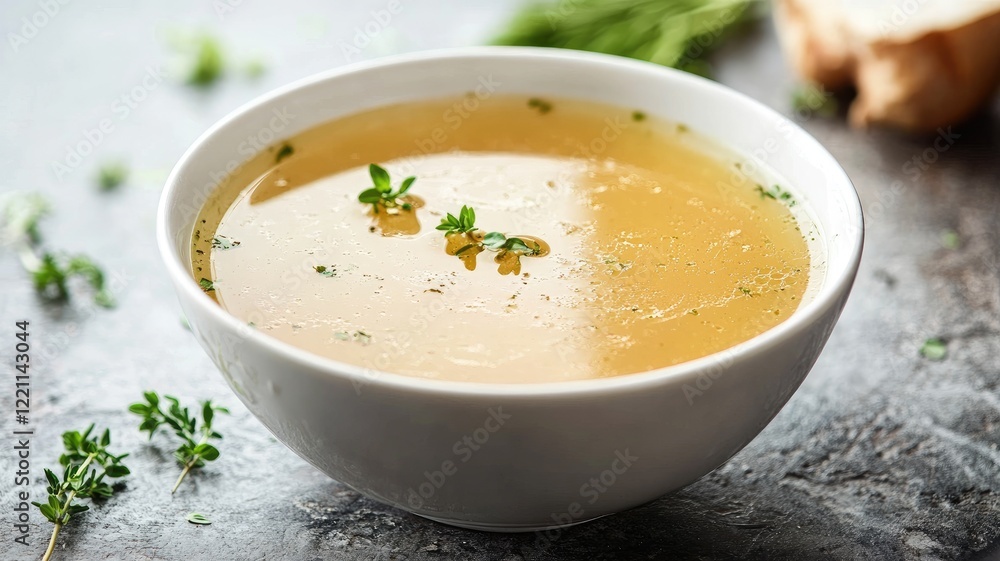 Hot bowl of clear chicken soup garnished with herbs Hot bowl of clear chicken soup garnished with herbs