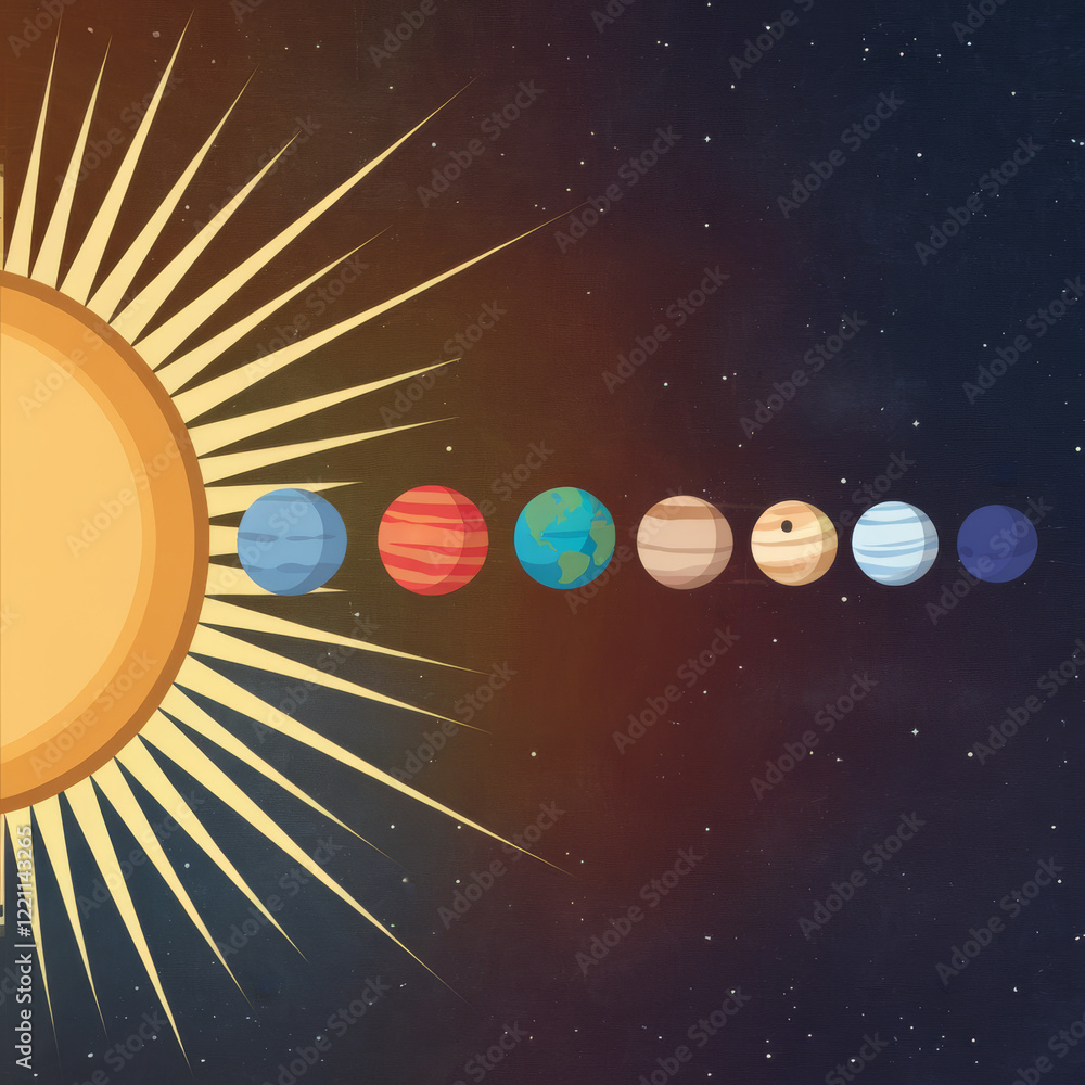 Fototapeta premium Diagram of solar system planets with dark starry background