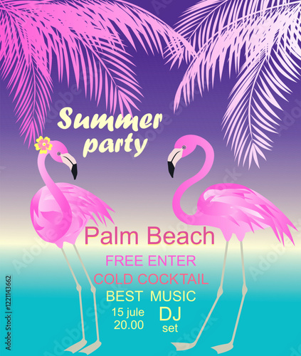 Neon poster for summer beach party invitation with coconut palm leaves and pink flamingo pair on sunset.eps