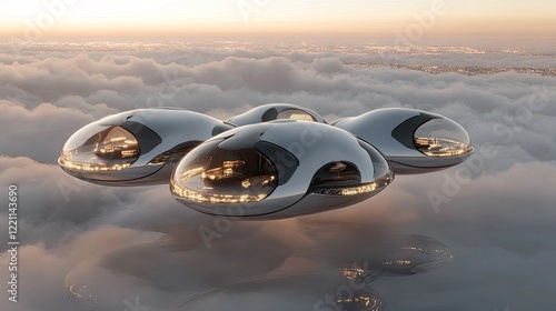 Futuristic Vehicles Flying Above Cloudscape At Sunset photo