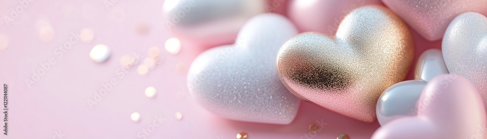 Fototapeta premium Soft pink and metallic gold heart shapes gently float against a pastel pink gradient backdrop, illuminated by a warm glow, creating a romantic and celebratory atmosphere ideal for special occasions