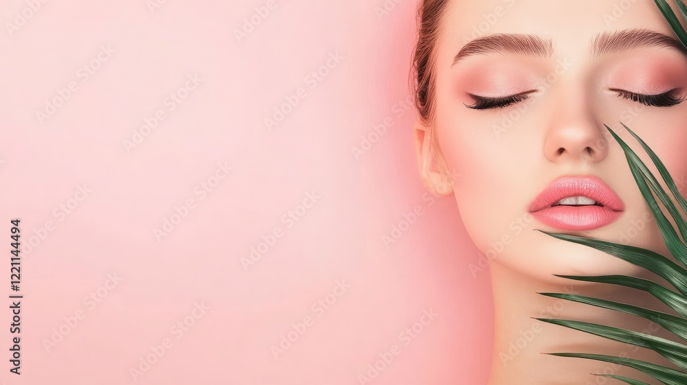 Naklejka premium Caucasian female with pink makeup and closed eyes, green leaf
